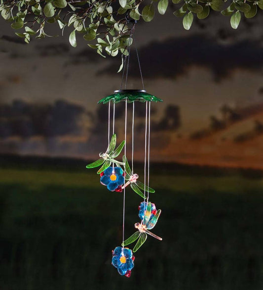 Plow & Hearth Deck & Patio Accents Outdoor Living Color Changing Solar Mobile With Dragonflies And Flowers