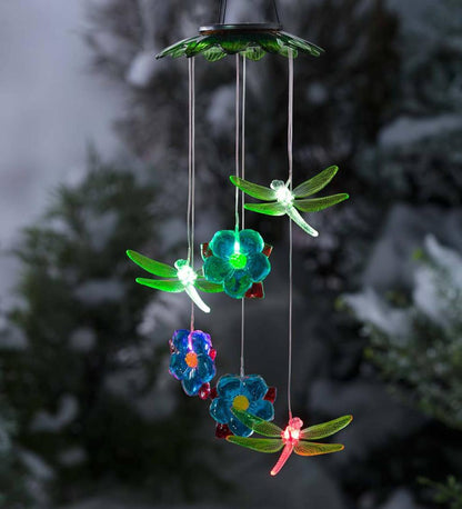 Plow & Hearth Deck & Patio Accents Outdoor Living Color Changing Solar Mobile With Dragonflies And Flowers