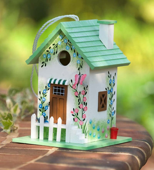 Plow & Hearth Deck & Patio Accents Outdoor Living Colorful Cottage Hanging Birdhouse With Cord - Green Butterfly