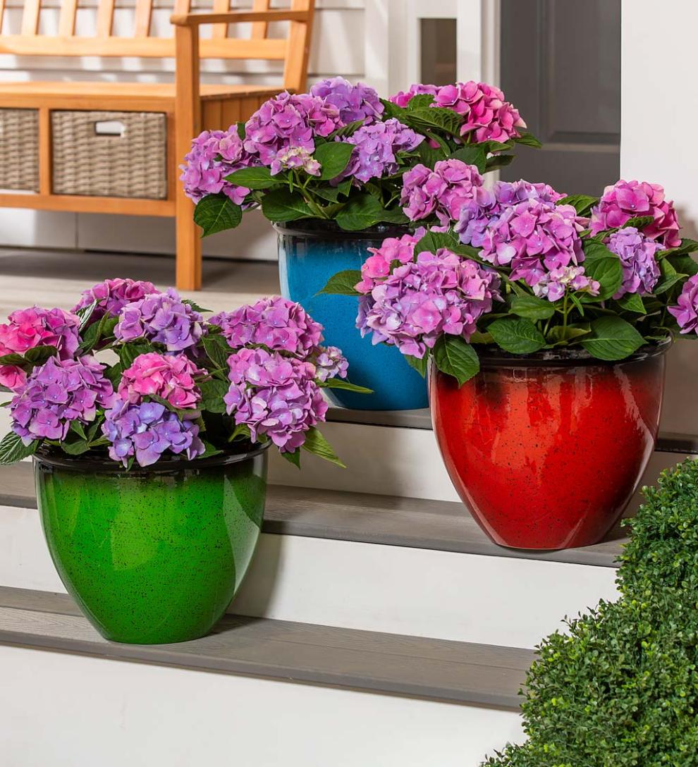 Plow & Hearth Deck & Patio Accents Outdoor Living Colorful Faux Glazed Ceramic Self-Watering Planter - Blue