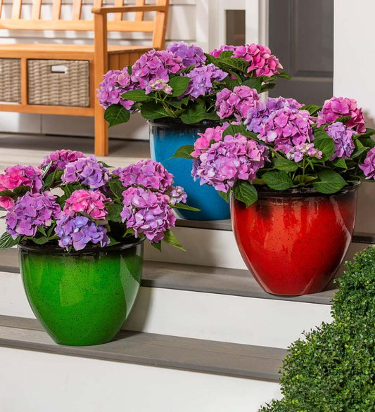 Plow & Hearth Deck & Patio Accents Outdoor Living Colorful Faux Glazed Ceramic Self-Watering Planter - Blue