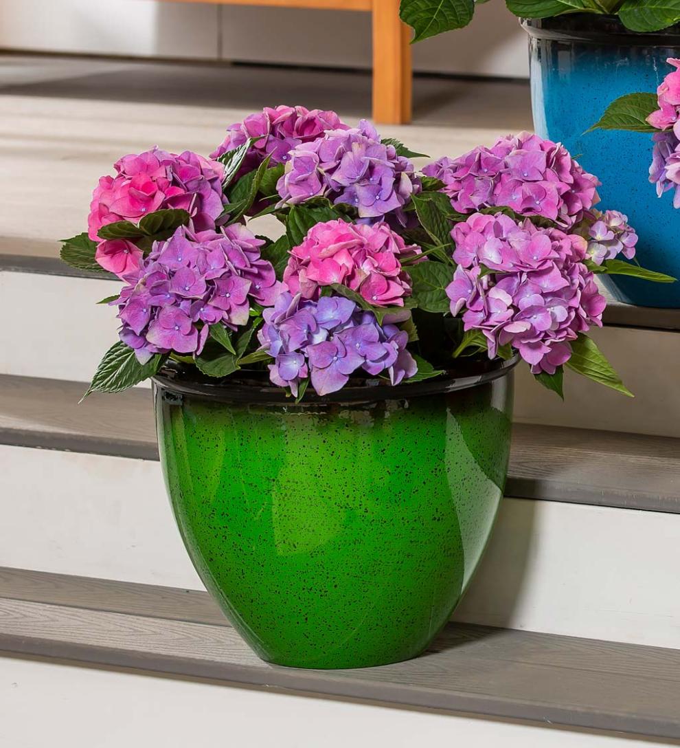 Plow & Hearth Deck & Patio Accents Outdoor Living Colorful Faux Glazed Ceramic Self-Watering Planter - Blue
