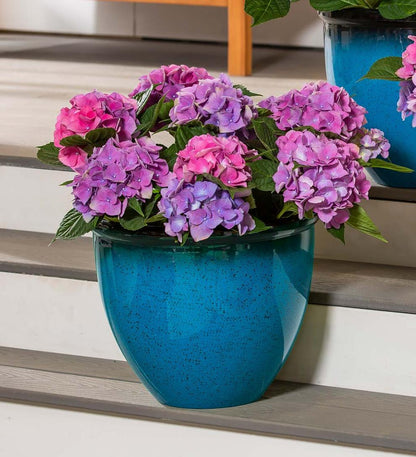Plow & Hearth Deck & Patio Accents Outdoor Living Colorful Faux Glazed Ceramic Self-Watering Planter - Blue