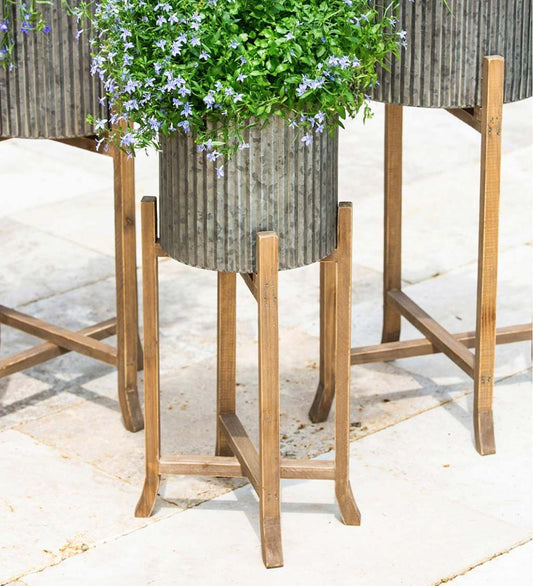 Plow & Hearth Deck & Patio Accents Outdoor Living Corrugated Galvanized Metal Planter With Wooden Stand, Set Of 3