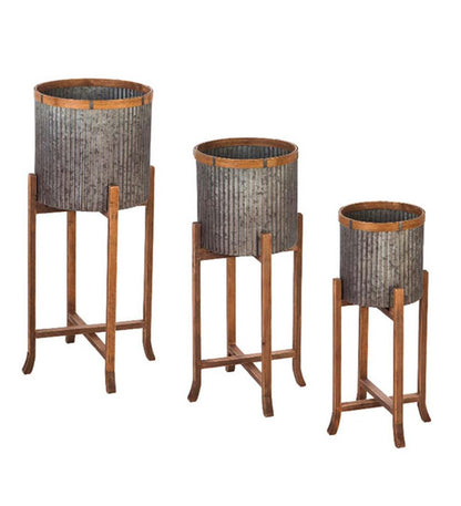 Plow & Hearth Deck & Patio Accents Outdoor Living Corrugated Galvanized Metal Planter With Wooden Stand, Set Of 3