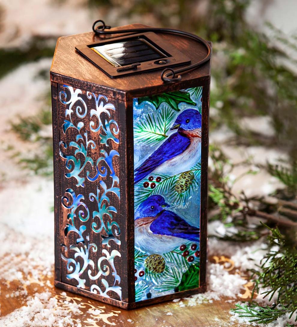 Plow & Hearth Deck & Patio Accents Outdoor Living Hand-Painted Bluebird Embossed Glass Solar Lantern