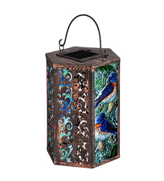 Plow & Hearth Deck & Patio Accents Outdoor Living Hand-Painted Bluebird Embossed Glass Solar Lantern