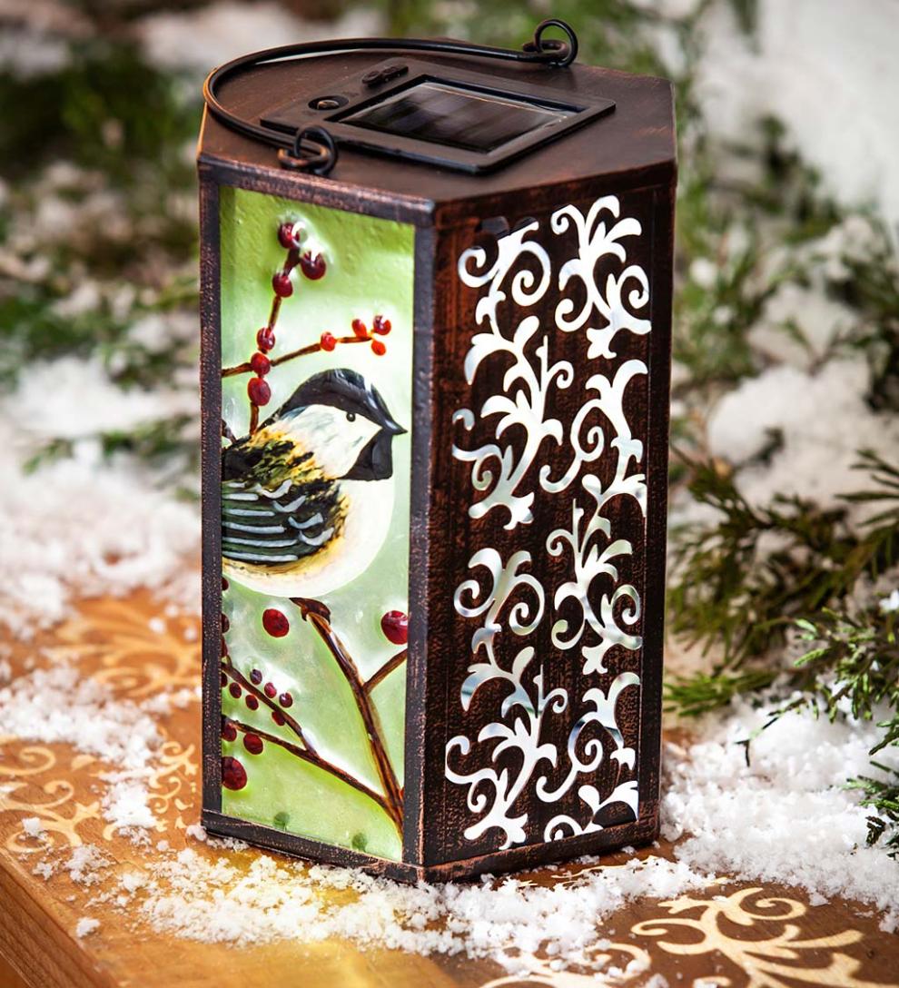 Plow & Hearth Deck & Patio Accents Outdoor Living Hand-Painted Holiday Chickadee Embossed Glass Solar Lantern