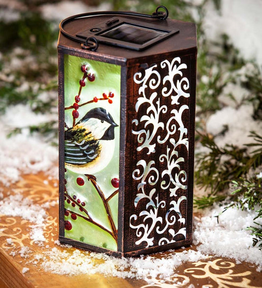 Plow & Hearth Deck & Patio Accents Outdoor Living Hand-Painted Holiday Chickadee Embossed Glass Solar Lantern