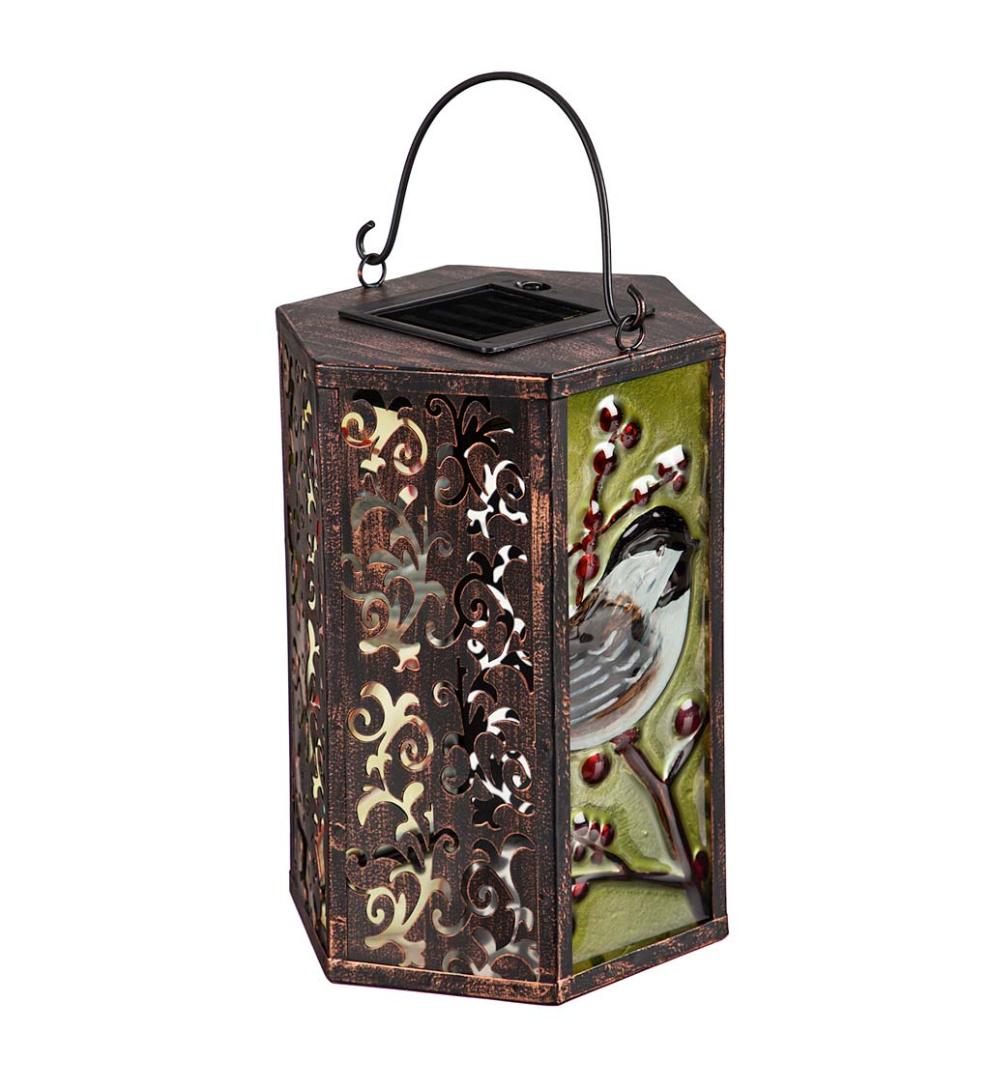 Plow & Hearth Deck & Patio Accents Outdoor Living Hand-Painted Holiday Chickadee Embossed Glass Solar Lantern