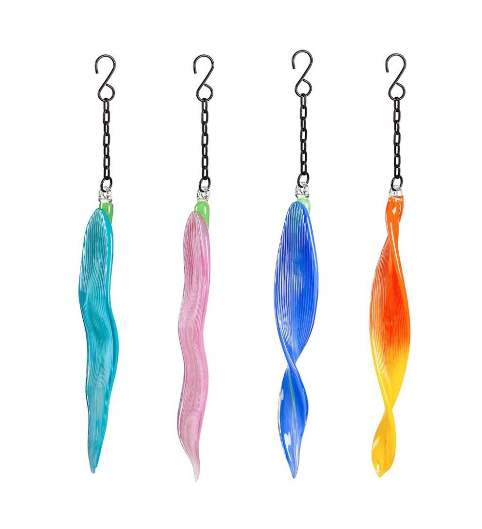 Plow & Hearth Deck & Patio Accents Outdoor Living Handcrafted Abstract Hanging Art Glass Ribbon Ornaments, Set Of 4
