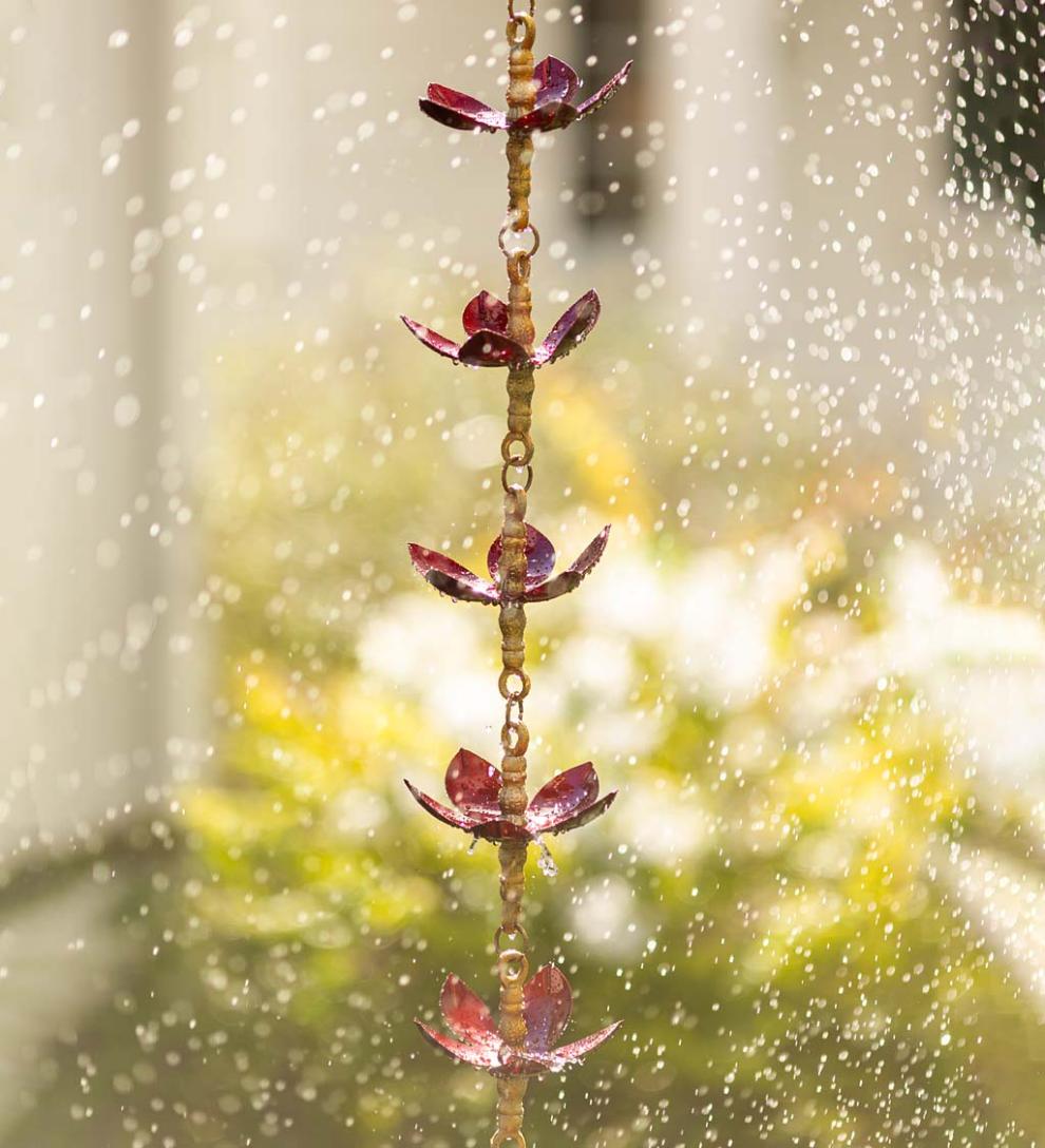 Plow & Hearth Deck & Patio Accents Outdoor Living Handcrafted Steel And Aluminum Flower Rain Chain In Brass And Metallic Red Colors