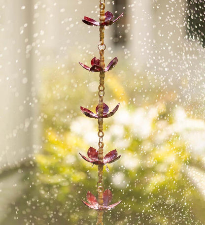 Plow & Hearth Deck & Patio Accents Outdoor Living Handcrafted Steel And Aluminum Flower Rain Chain In Brass And Metallic Red Colors