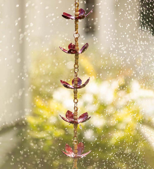 Plow & Hearth Deck & Patio Accents Outdoor Living Handcrafted Steel And Aluminum Flower Rain Chain In Brass And Metallic Red Colors