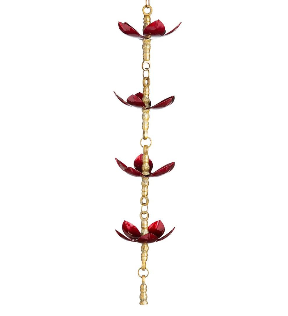 Plow & Hearth Deck & Patio Accents Outdoor Living Handcrafted Steel And Aluminum Flower Rain Chain In Brass And Metallic Red Colors
