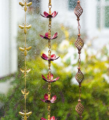 Plow & Hearth Deck & Patio Accents Outdoor Living Handcrafted Steel And Aluminum Flower Rain Chain In Brass And Metallic Red Colors