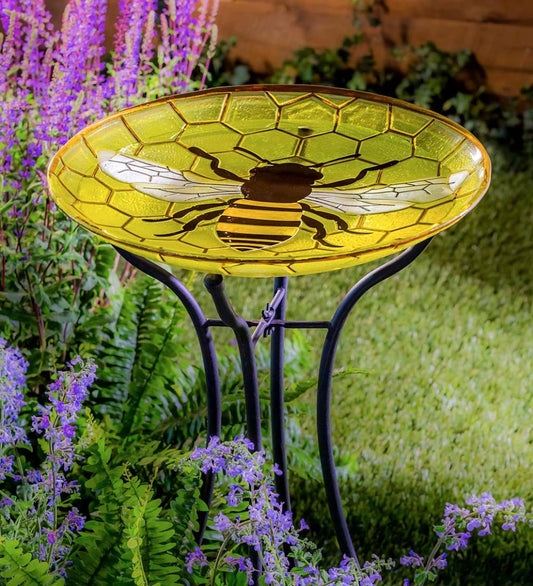 Plow & Hearth Deck & Patio Accents Outdoor Living Happy Honey Bee Glass Birdbath Basin