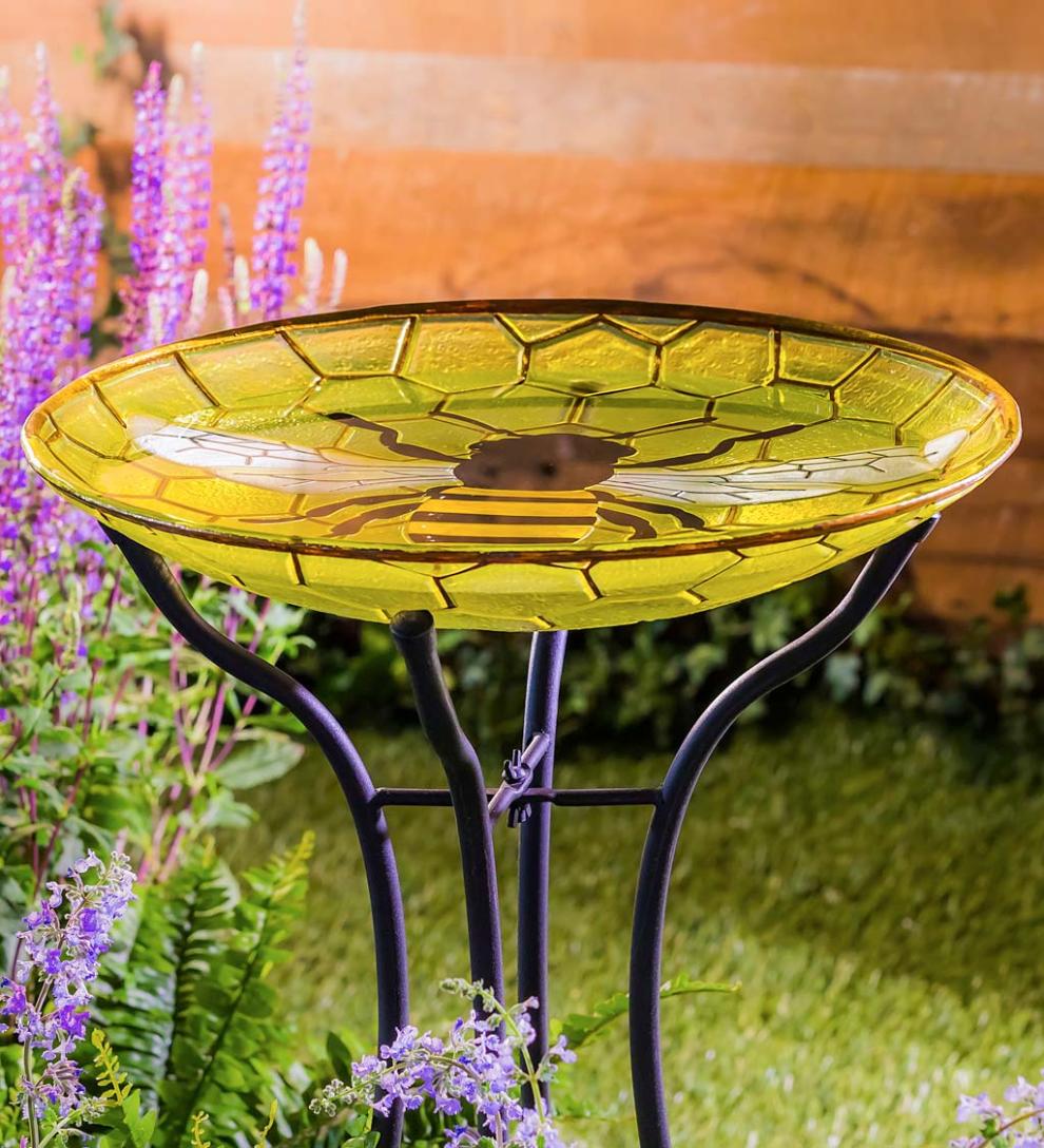 Plow & Hearth Deck & Patio Accents Outdoor Living Happy Honey Bee Glass Birdbath Basin
