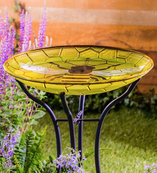 Plow & Hearth Deck & Patio Accents Outdoor Living Happy Honey Bee Glass Birdbath Basin