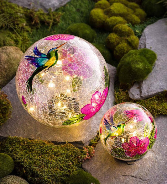 Plow & Hearth Deck & Patio Accents Outdoor Living Hummingbird Crackle Glass Solar Globes, Set Of 2