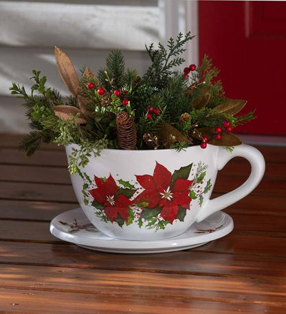Plow & Hearth Deck & Patio Accents Outdoor Living Indoor/Outdoor Poinsettia Teacup Planter With Saucer