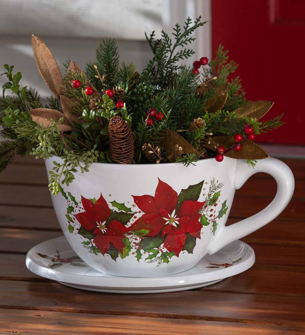 Plow & Hearth Deck & Patio Accents Outdoor Living Indoor/Outdoor Poinsettia Teacup Planter With Saucer