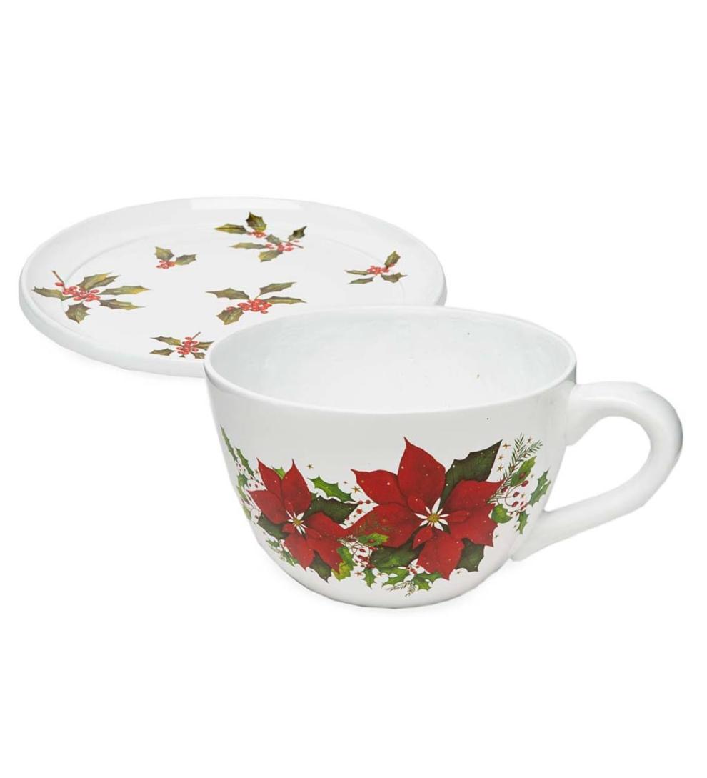 Plow & Hearth Deck & Patio Accents Outdoor Living Indoor/Outdoor Poinsettia Teacup Planter With Saucer
