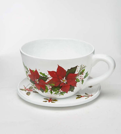 Plow & Hearth Deck & Patio Accents Outdoor Living Indoor/Outdoor Poinsettia Teacup Planter With Saucer