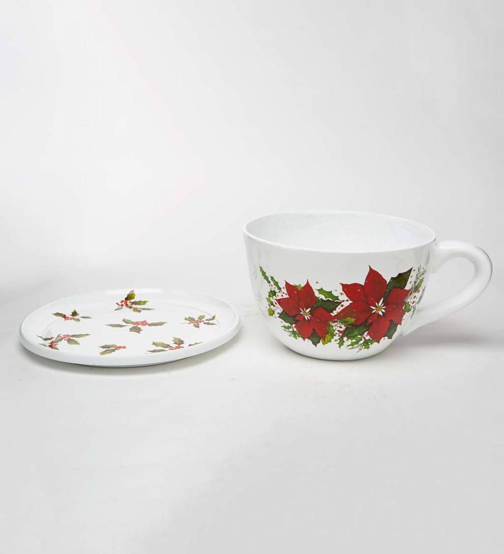 Plow & Hearth Deck & Patio Accents Outdoor Living Indoor/Outdoor Poinsettia Teacup Planter With Saucer