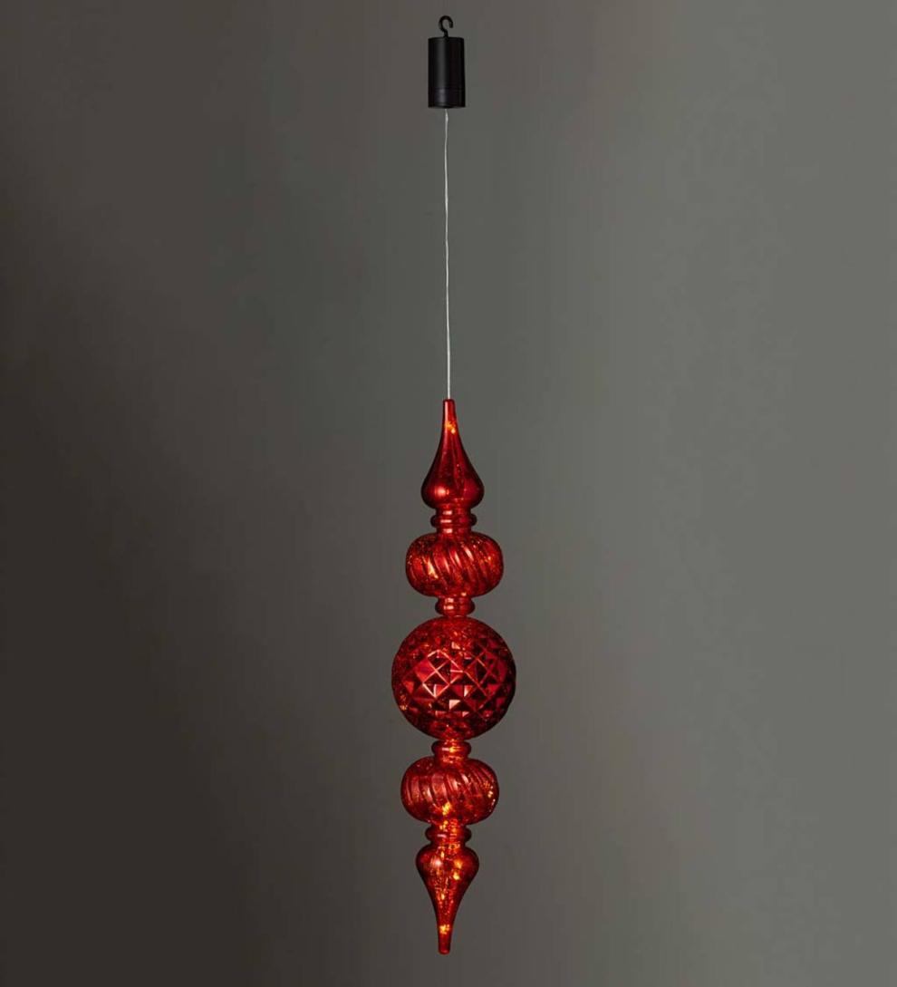 Plow & Hearth Deck & Patio Accents Outdoor Living Indoor/Outdoor Shatterproof Holiday Lighted Large Finial Hanging Ornament - Finial Red