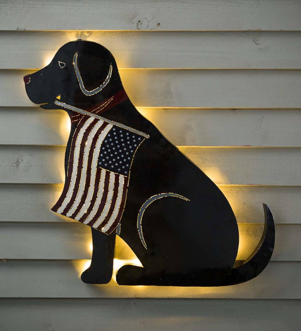 Plow & Hearth Deck & Patio Accents Outdoor Living Lighted Black Labrador Americana Flag Standing/Hanging Accent