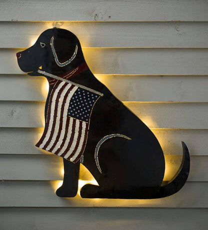 Plow & Hearth Deck & Patio Accents Outdoor Living Lighted Black Labrador Americana Flag Standing/Hanging Accent
