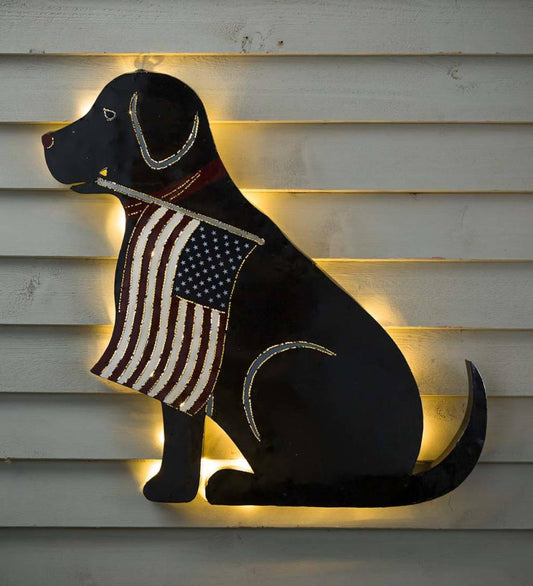 Plow & Hearth Deck & Patio Accents Outdoor Living Lighted Black Labrador Americana Flag Standing/Hanging Accent