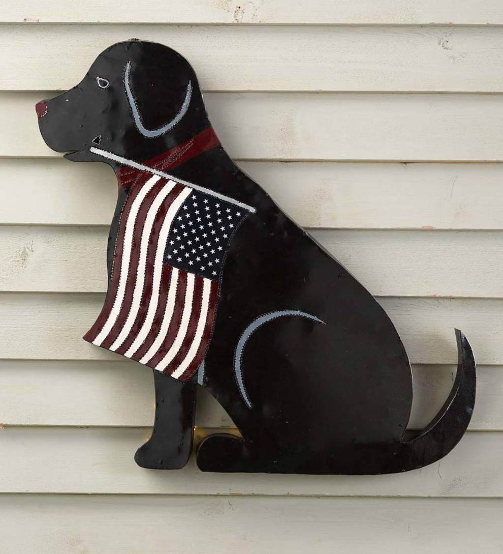 Plow & Hearth Deck & Patio Accents Outdoor Living Lighted Black Labrador Americana Flag Standing/Hanging Accent