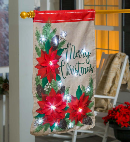 Plow & Hearth Deck & Patio Accents Outdoor Living Lighted Poinsettia Merry Christmas House Flag