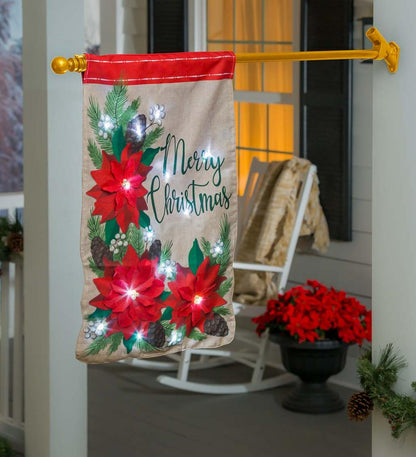 Plow & Hearth Deck & Patio Accents Outdoor Living Lighted Poinsettia Merry Christmas House Flag