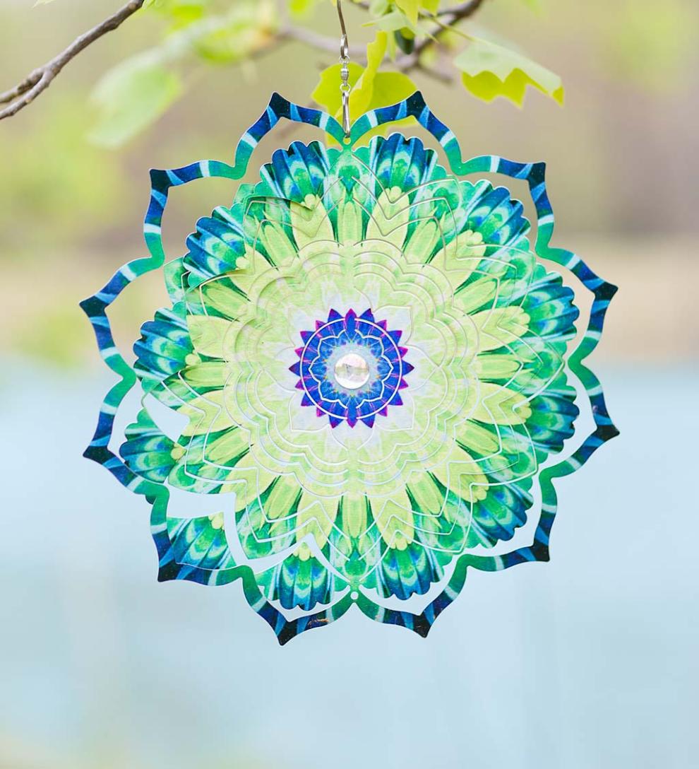 Plow & Hearth Deck & Patio Accents Outdoor Living Mandala Lotus Optical Illusion Hanging Metal Spinner
