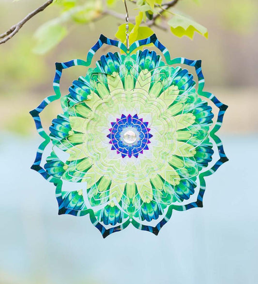 Plow & Hearth Deck & Patio Accents Outdoor Living Mandala Lotus Optical Illusion Hanging Metal Spinner