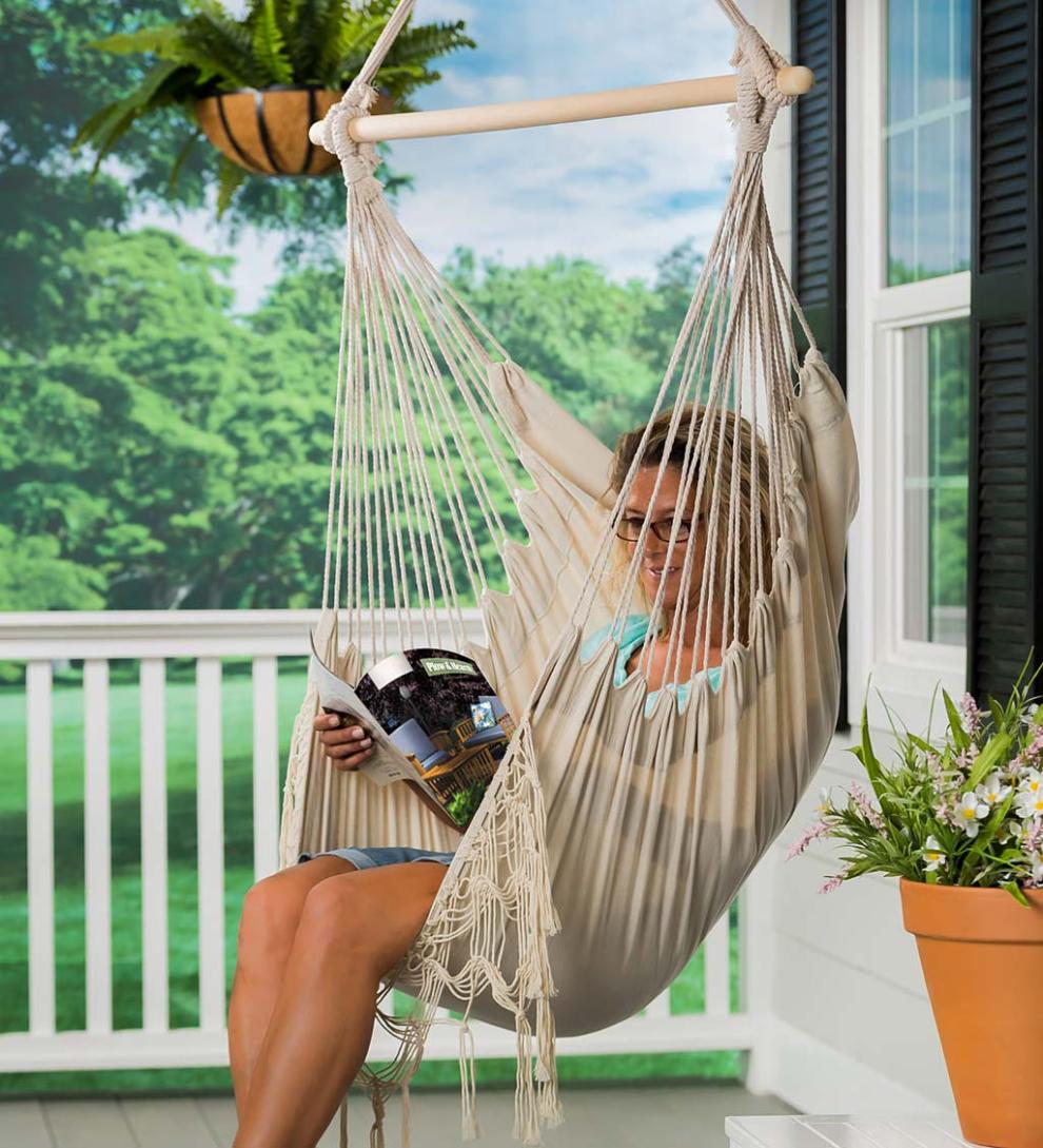 Plow & Hearth Deck & Patio Accents Outdoor Living Natural Poly/Cotton Hammock Chair With Fringe - Natural