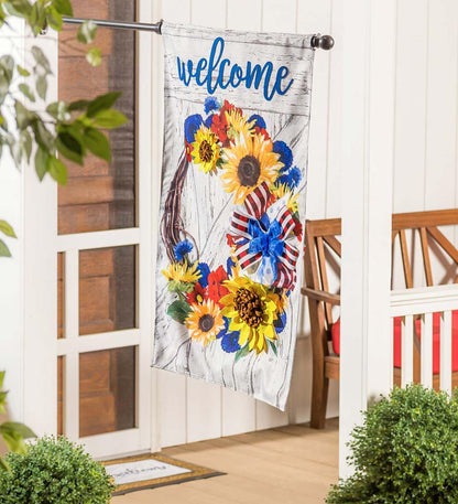 Plow & Hearth Deck & Patio Accents Outdoor Living Patriotic Floral Wreath Burlap Welcome House Flag
