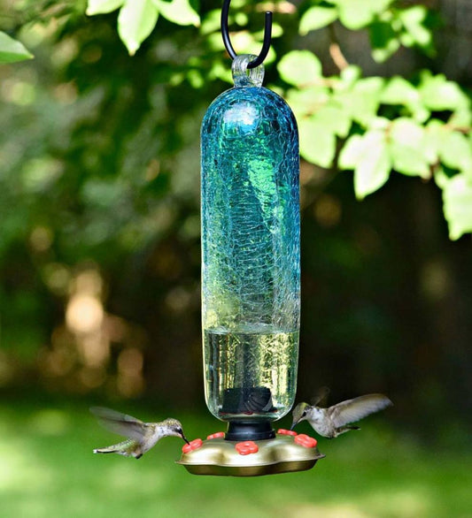 Plow & Hearth Deck & Patio Accents Outdoor Living Recycled Glass Tall Aqua Hummingbird Feeder - Aqua