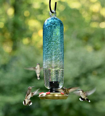Plow & Hearth Deck & Patio Accents Outdoor Living Recycled Glass Tall Aqua Hummingbird Feeder - Aqua