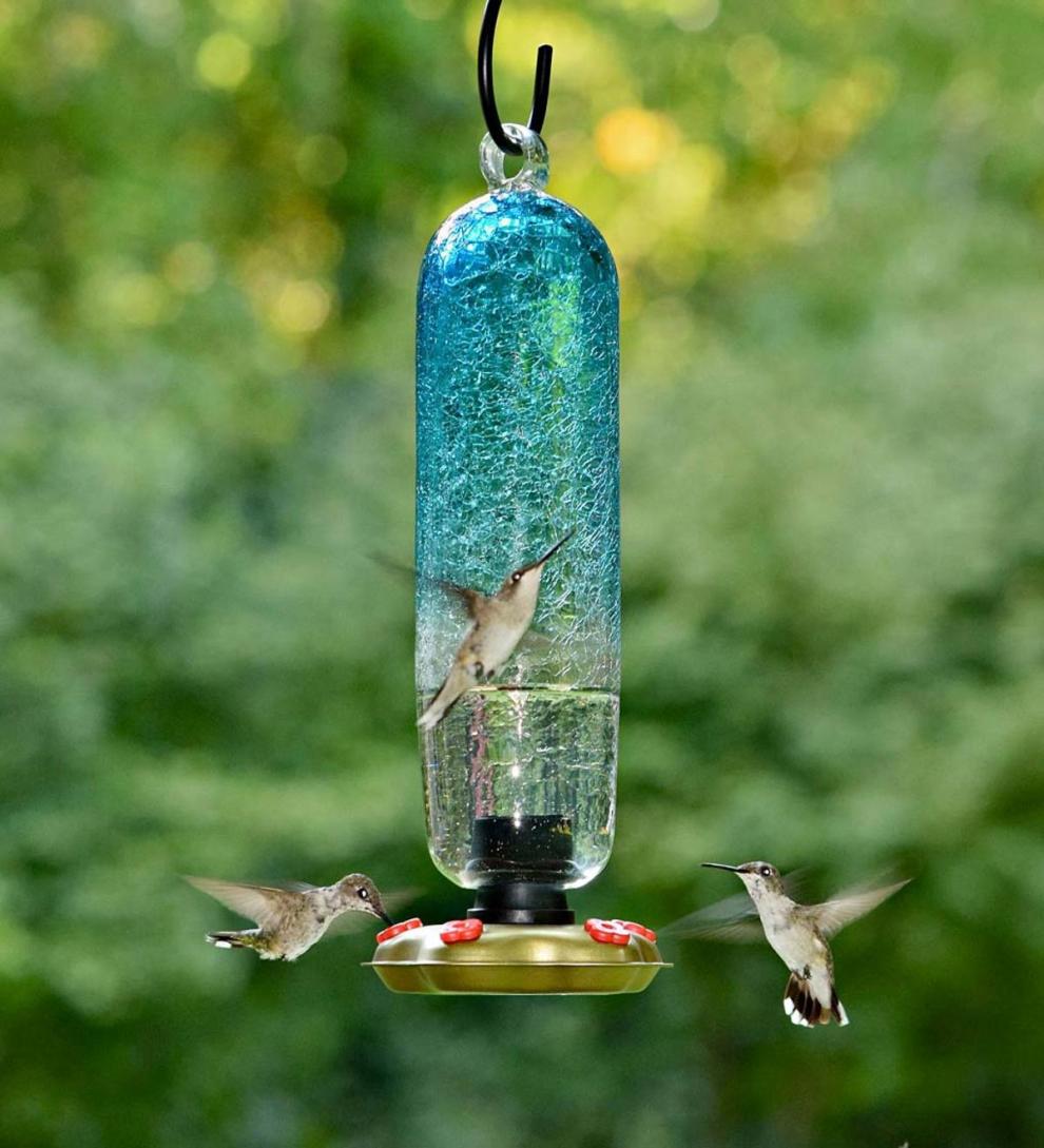 Plow & Hearth Deck & Patio Accents Outdoor Living Recycled Glass Tall Aqua Hummingbird Feeder - Aqua