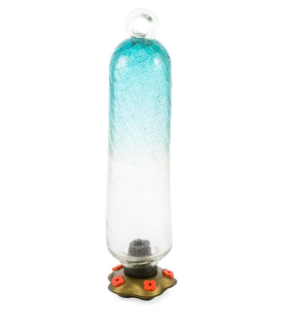 Plow & Hearth Deck & Patio Accents Outdoor Living Recycled Glass Tall Aqua Hummingbird Feeder - Aqua