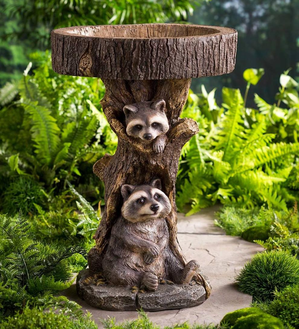 Plow & Hearth Deck & Patio Accents Outdoor Living Resin Raccoon Birdbath