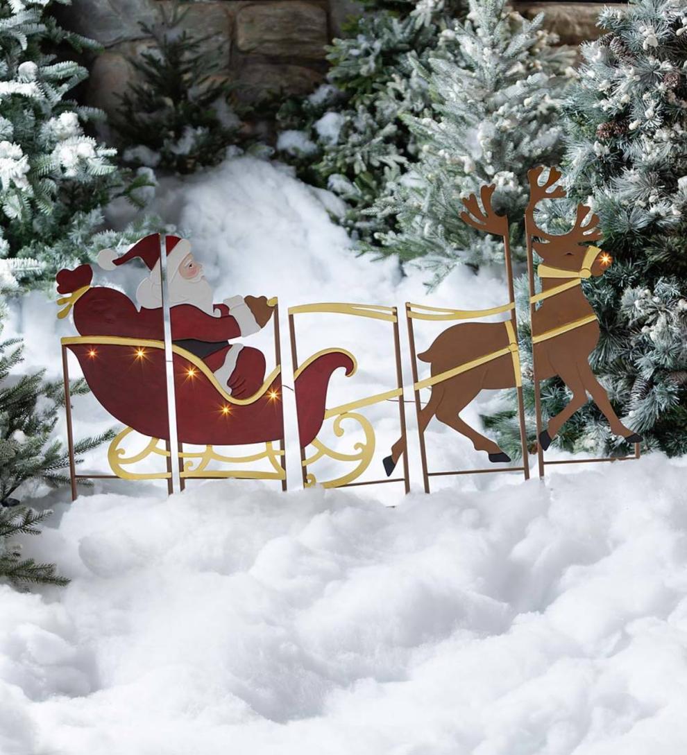 Plow & Hearth Deck & Patio Accents Outdoor Living Santa, Sleigh And Reindeer Lighted Landscape Panel Stakes, Set Of 5
