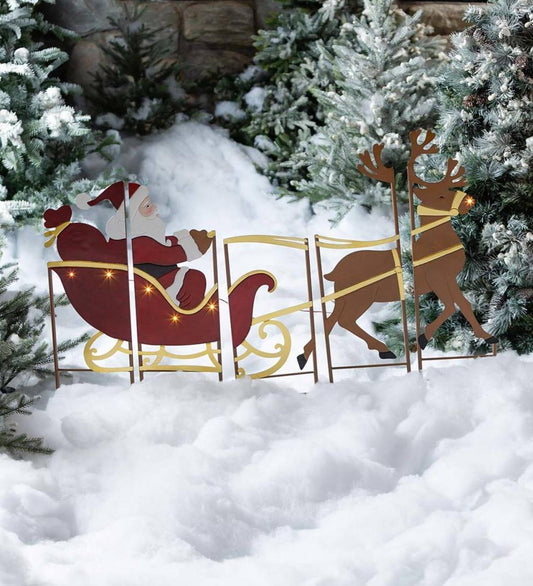 Plow & Hearth Deck & Patio Accents Outdoor Living Santa, Sleigh And Reindeer Lighted Landscape Panel Stakes, Set Of 5