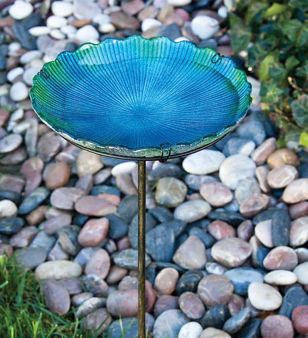 Plow & Hearth Deck & Patio Accents Outdoor Living Sea Glass Birdbath On Stake