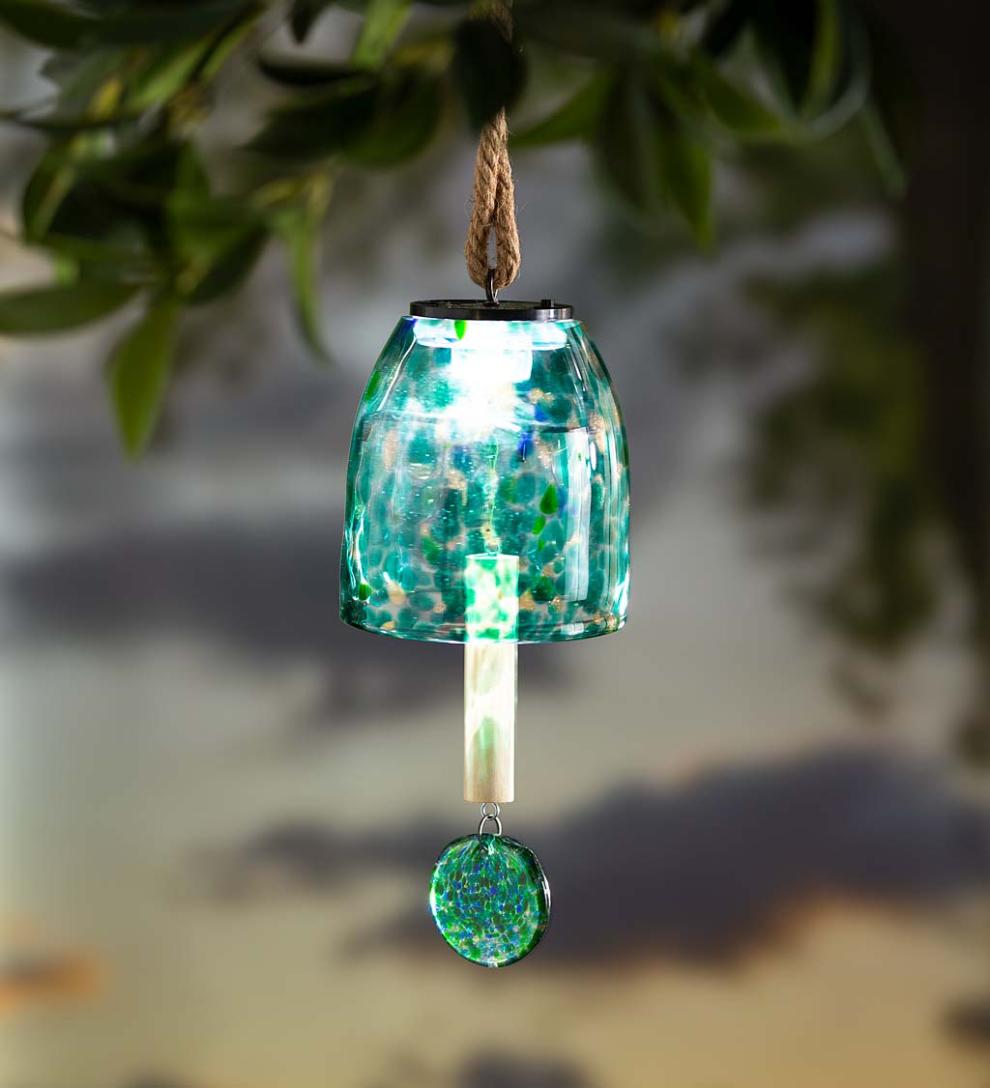 Plow & Hearth Deck & Patio Accents Outdoor Living Solar Art Glass Bell Chime - Blue