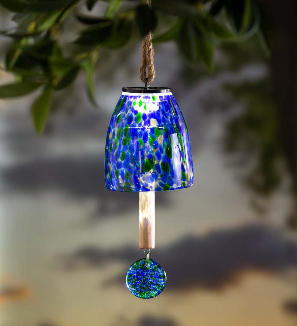 Plow & Hearth Deck & Patio Accents Outdoor Living Solar Art Glass Bell Chime - Blue